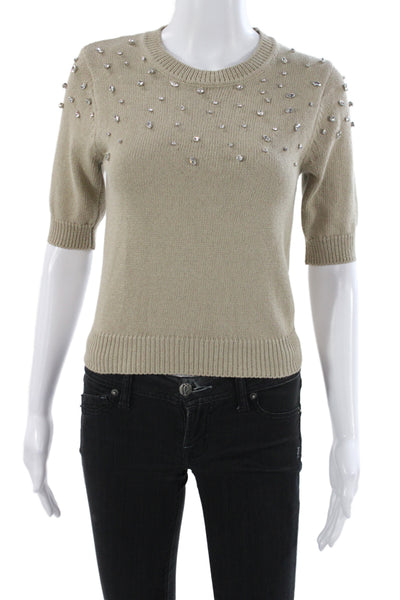 Zara Women Beaded Pullover Sweater Beige Short Sleeve Crew Neck Size S