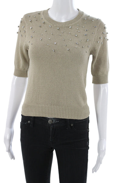 Zara Women Beaded Pullover Sweater Beige Short Sleeve Crew Neck Size S