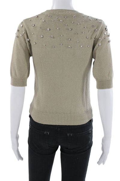 Zara Women Beaded Pullover Sweater Beige Short Sleeve Crew Neck Size S