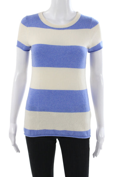 J Crew Women Pullover 100% Cashmere Striped Crew Neck Short Sleeve Blue Size XS