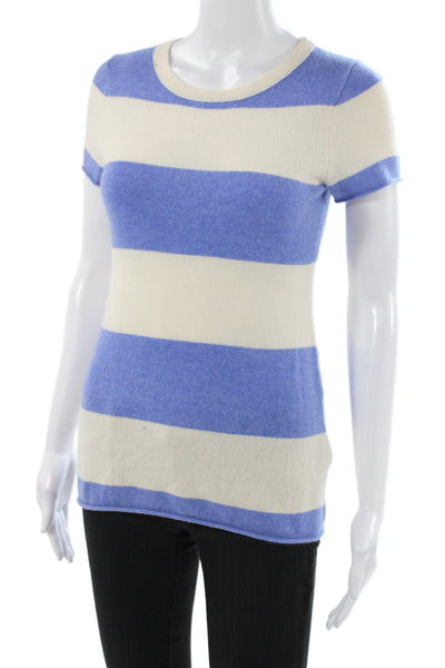 J Crew Women Pullover 100% Cashmere Striped Crew Neck Short Sleeve Blue Size XS