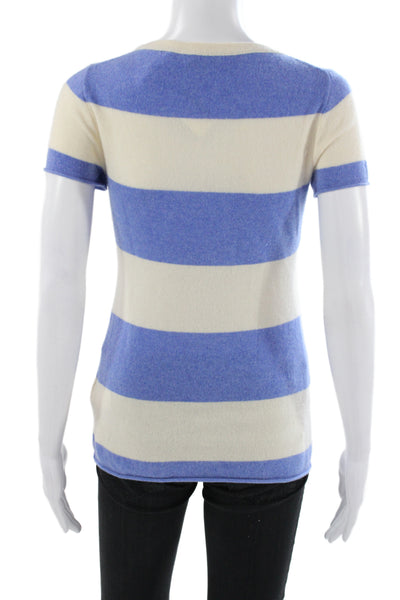 J Crew Women Pullover 100% Cashmere Striped Crew Neck Short Sleeve Blue Size XS