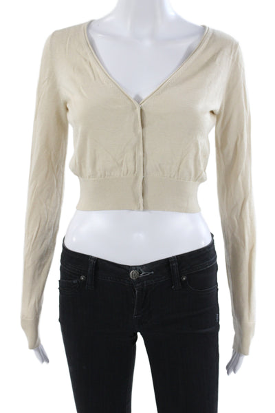 Rebecca Taylor Women Beige V-Neck Cardigan Long Sleeve Cotton Size XS