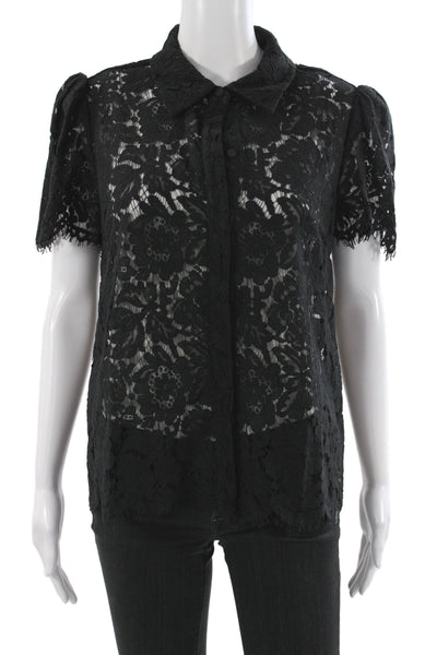 Generation Love Womens Black Lace Collared Button Short Sleeve Blouse Size M