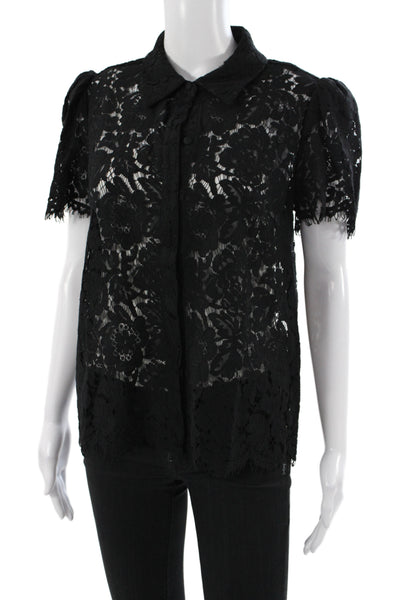 Generation Love Womens Black Lace Collared Button Short Sleeve Blouse Size M