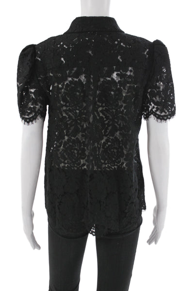 Generation Love Womens Black Lace Collared Button Short Sleeve Blouse Size M