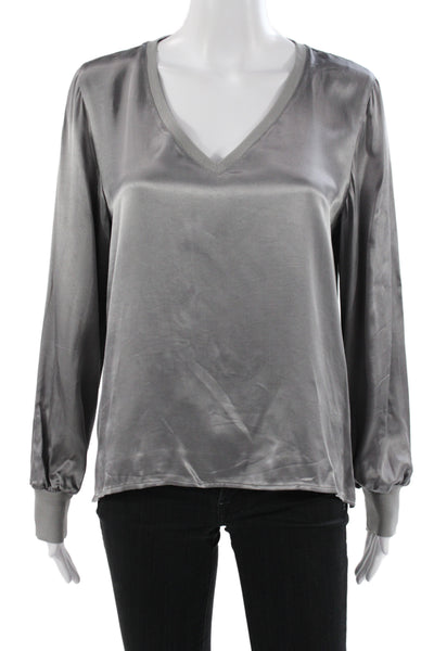 Nation LTD Womens Silk V-Neck Basic Gray Long Sleeve Blouse Pullover Size M