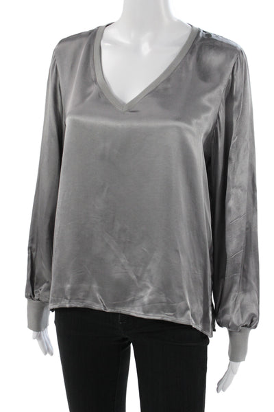 Nation LTD Womens Silk V-Neck Basic Gray Long Sleeve Blouse Pullover Size M