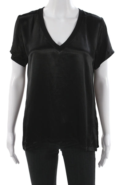 Nation LTD Women Black V-Neck Basic T-Shirt Short Sleeve Rayon Size M