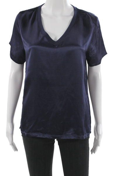 Nation LTD Women Silk V-Neck Short Sleeve Basic T-Shirt Blue Size M