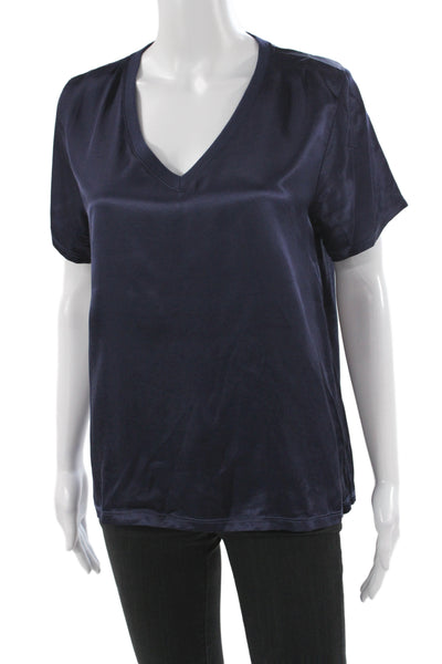 Nation LTD Women Silk V-Neck Short Sleeve Basic T-Shirt Blue Size M