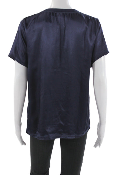 Nation LTD Women Silk V-Neck Short Sleeve Basic T-Shirt Blue Size M