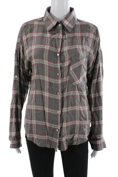 NSF Womens Plaid Collared Button Up Long Sleeve Top Gray 86% Cotton Size S