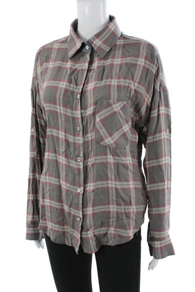NSF Womens Plaid Collared Button Up Long Sleeve Top Gray 86% Cotton Size S