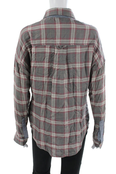 NSF Womens Plaid Collared Button Up Long Sleeve Top Gray 86% Cotton Size S
