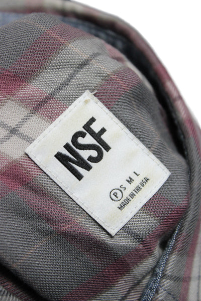 NSF Womens Plaid Collared Button Up Long Sleeve Top Gray 86% Cotton Size S