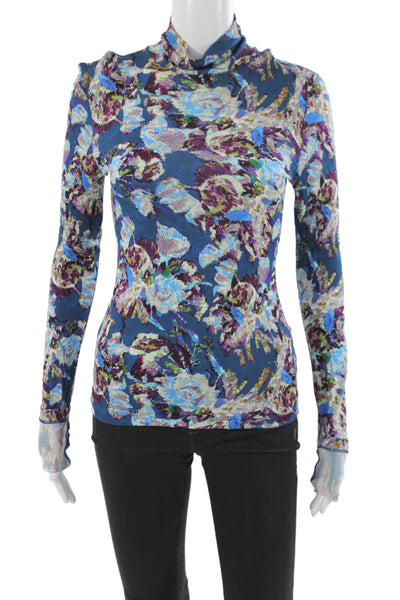 Prabal Gurung Women Jersey Floral Turtleneck Long Sleeve Blouse Blue Size S