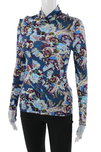 Prabal Gurung Women Jersey Floral Turtleneck Long Sleeve Blouse Blue Size S
