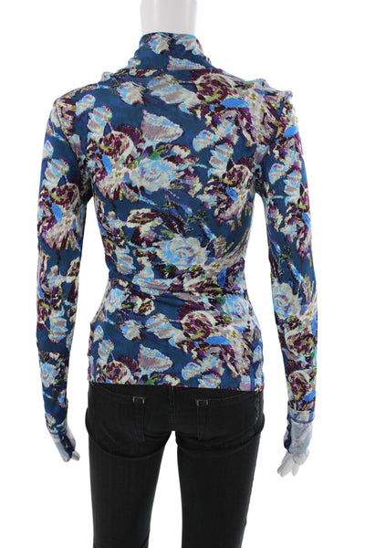 Prabal Gurung Women Jersey Floral Turtleneck Long Sleeve Blouse Blue Size S