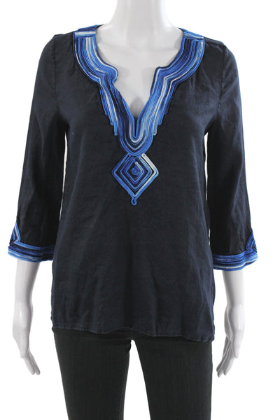 Calypso Saint Barth Women Tunic Black Linen V-Neck 3/4 Sleeve Size XS