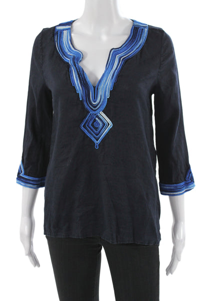 Calypso Saint Barth Women Tunic Black Linen V-Neck 3/4 Sleeve Size XS