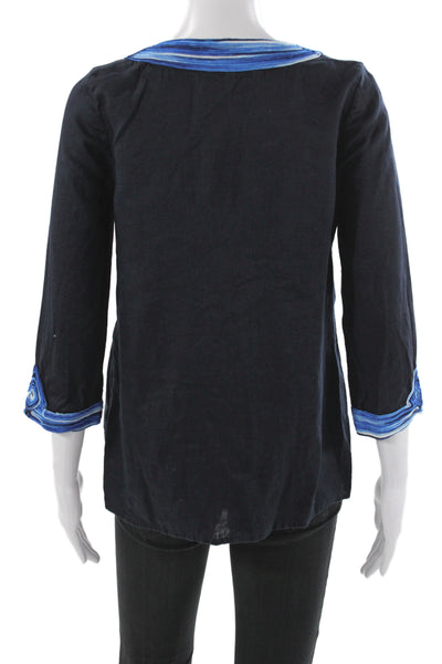 Calypso Saint Barth Women Tunic Black Linen V-Neck 3/4 Sleeve Size XS