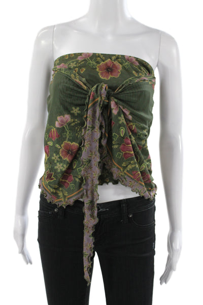 Agua Bendita Womens Cropped Off Shoulder Floral Tank Green Sleeveless Size XS