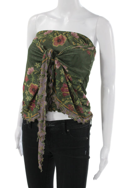 Agua Bendita Womens Cropped Off Shoulder Floral Tank Green Sleeveless Size XS