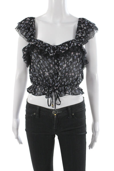 Love Shack Fancy Women Cropped Silk Floral Blouse Square Neck Black Size S