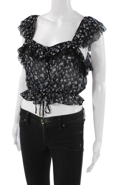 Love Shack Fancy Women Cropped Silk Floral Blouse Square Neck Black Size S