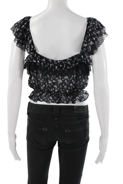 Love Shack Fancy Women Cropped Silk Floral Blouse Square Neck Black Size S