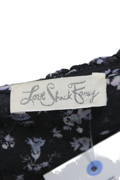 Love Shack Fancy Women Cropped Silk Floral Blouse Square Neck Black Size S