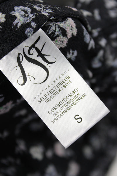 Love Shack Fancy Women Cropped Silk Floral Blouse Square Neck Black Size S