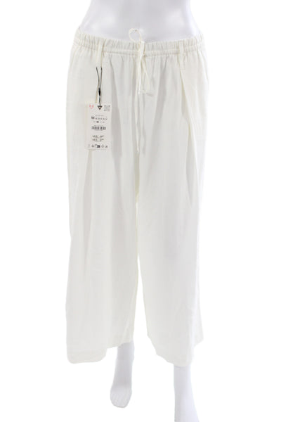 Zara Womens Cropped Drawstring Pants White Linen Blend Size M