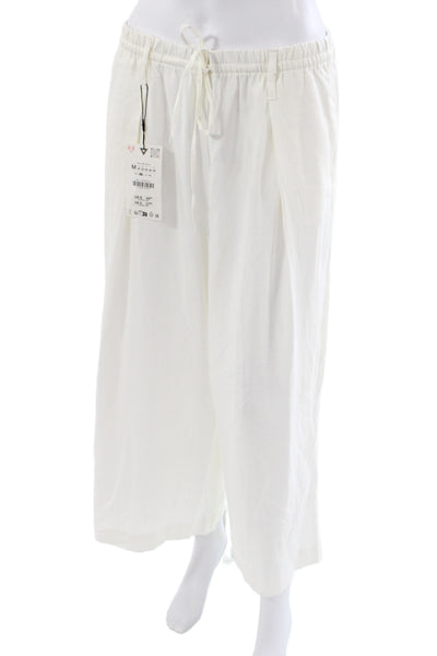 Zara Womens Cropped Drawstring Pants White Linen Blend Size M