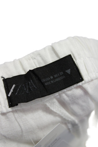 Zara Womens Cropped Drawstring Pants White Linen Blend Size M