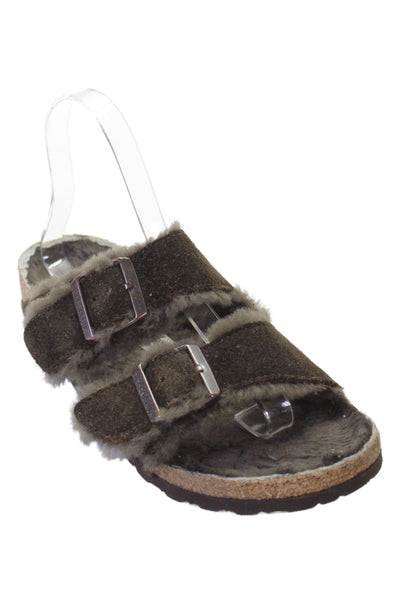 Birkenstock Womens Shearling Lined Double Strap Slide Sandals Brown Suede 37