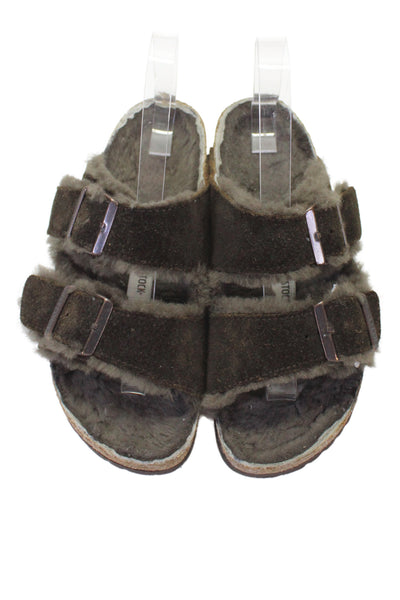 Birkenstock Womens Shearling Lined Double Strap Slide Sandals Brown Suede 37