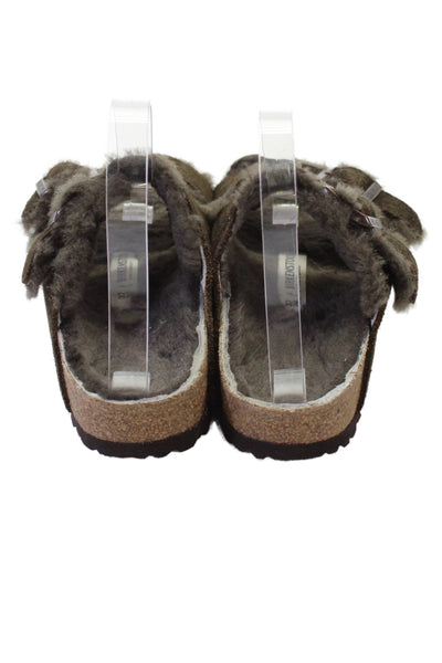 Birkenstock Womens Shearling Lined Double Strap Slide Sandals Brown Suede 37