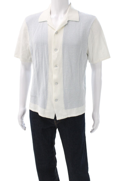 Rag & Bone Mens Blue Striped Cotton Polo Button Up Short Sleeve Collared Size L