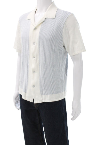 Rag & Bone Mens Blue Striped Cotton Polo Button Up Short Sleeve Collared Size L