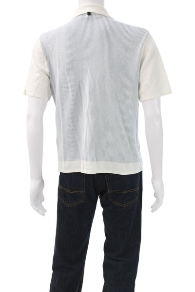 Rag & Bone Mens Blue Striped Cotton Polo Button Up Short Sleeve Collared Size L