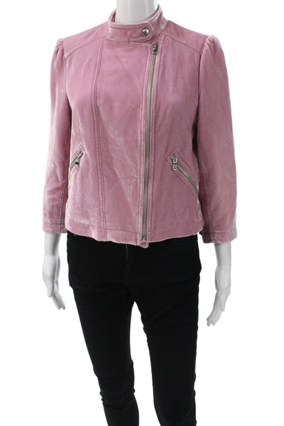 Rebecca Taylor Women Biker Velvet Jacket Pink Zip Long Sleeve Size 6