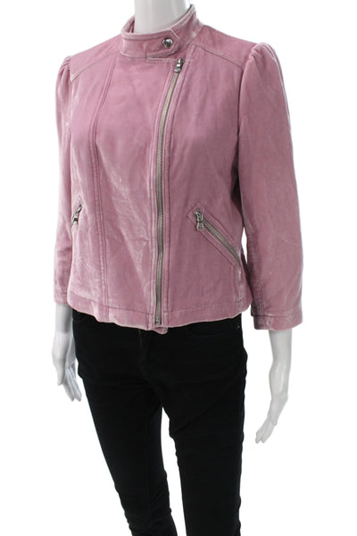 Rebecca Taylor Women Biker Velvet Jacket Pink Zip Long Sleeve Size 6