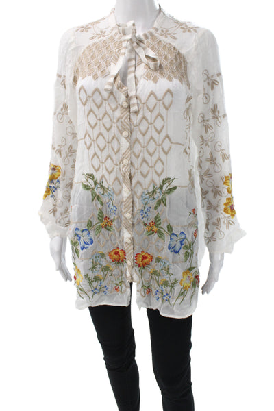 Johnny Was Women Boho Floral Cupra Tunic White Long Sleeve Size S