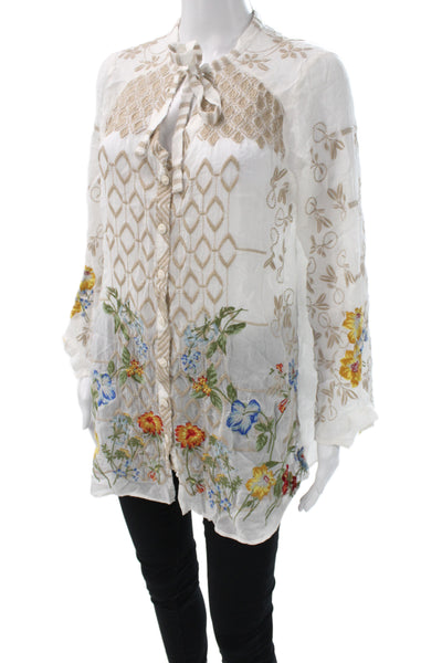Johnny Was Women Boho Floral Cupra Tunic White Long Sleeve Size S