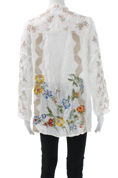 Johnny Was Women Boho Floral Cupra Tunic White Long Sleeve Size S