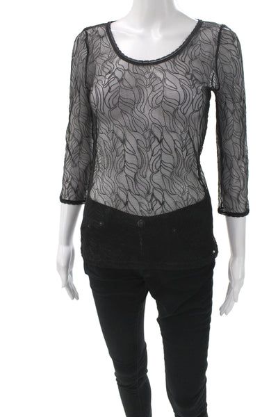 Wolford Women Black Scoop Neck Geometric Blouse 3/4 Sleeve Polyester Size S