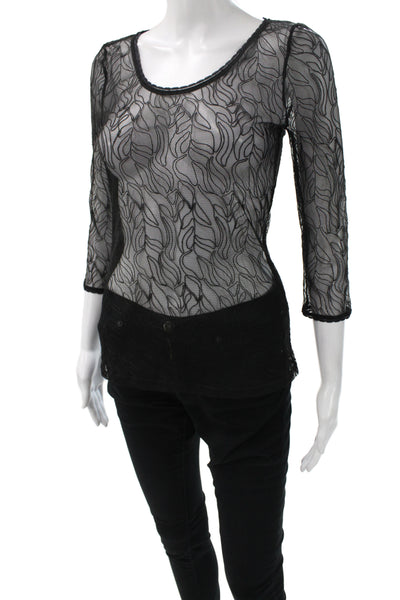 Wolford Women Black Scoop Neck Geometric Blouse 3/4 Sleeve Polyester Size S