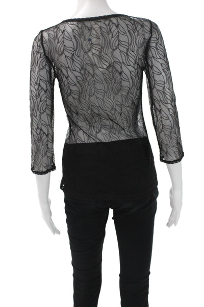Wolford Women Black Scoop Neck Geometric Blouse 3/4 Sleeve Polyester Size S